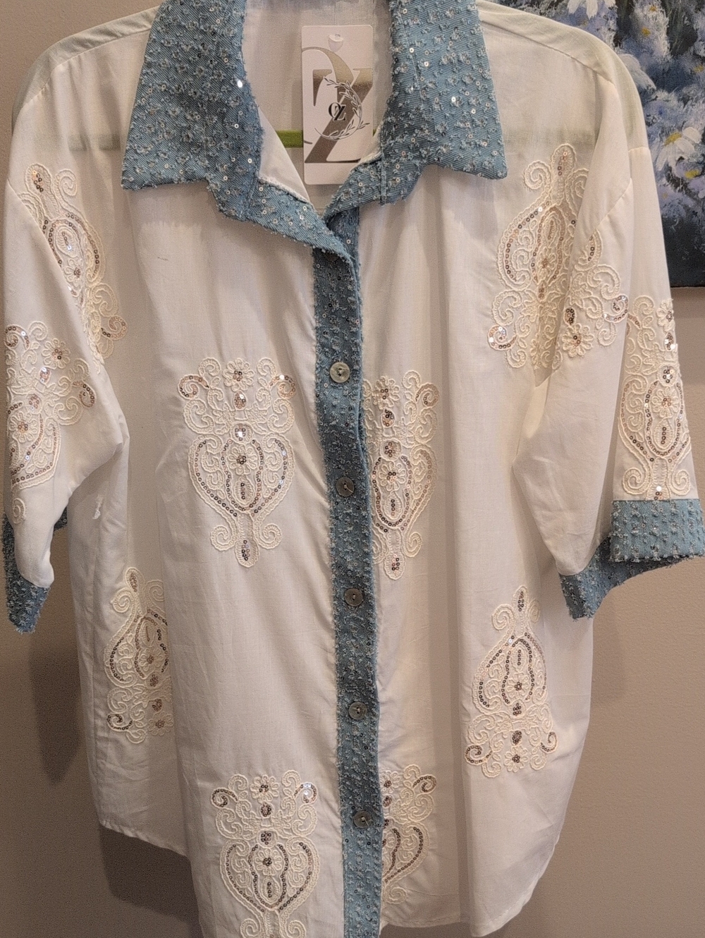Embellished White & Light Blue Women's Button-Up Shirt